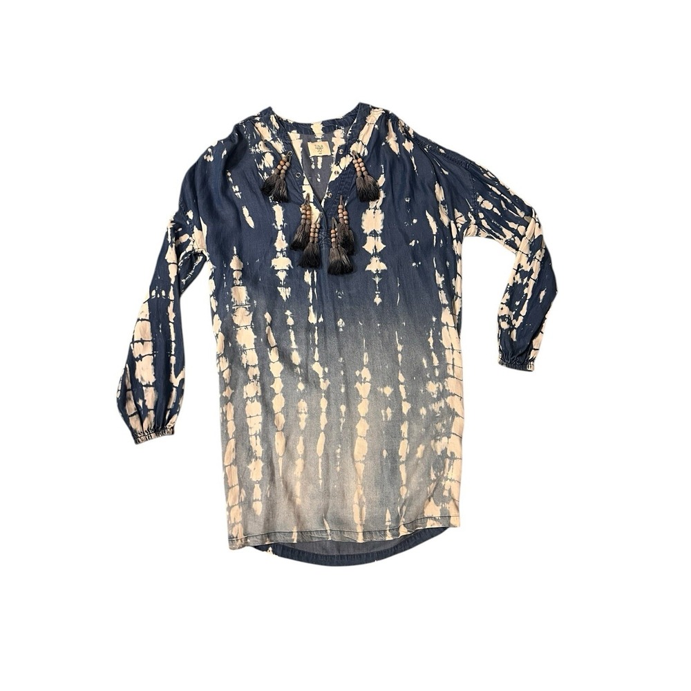 Tina Jo Dress Chambray Blue ‎ Tie Dye Tassel Blue 3/4 Sleeve Sz XS